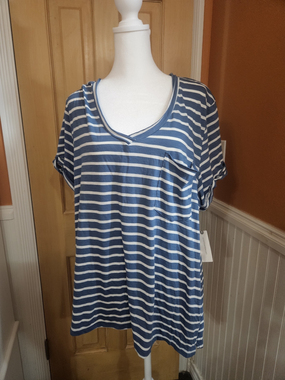 Pilcro Women’s Blue and White Striped Pocket V-Neck Top
